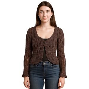 Vintage 90s Carolyn Taylor Brown Crochet Button Boho Scallop Cardigan Women's XL